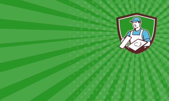 Business card showing illustration of a plasterer masonry tradesman construction worker wearing hat holding trowel viewed from front set inside shield crest done in retro style on isolated background.