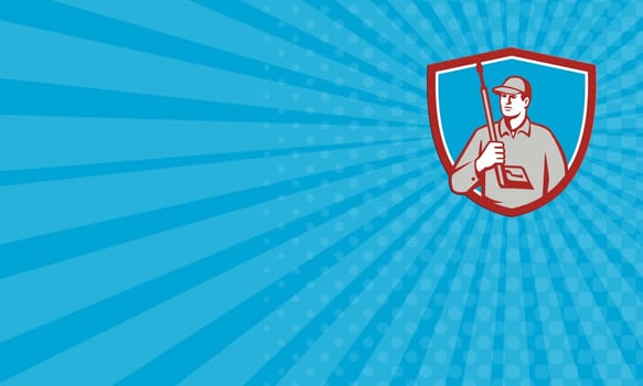 Business card showing illustration of power washer worker holding pressure washing gun on shoulder looking to the side viewed from front set inside shield crest on isolated background done in retro style.