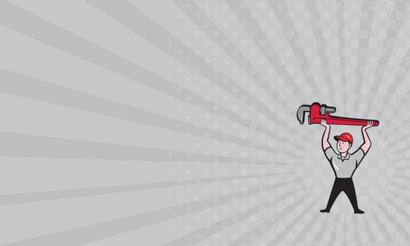 Business card showing illustration of a plumber lifting giant monkey wrench over head looking to the side viewed from front set on isolated white background done in cartoon style.