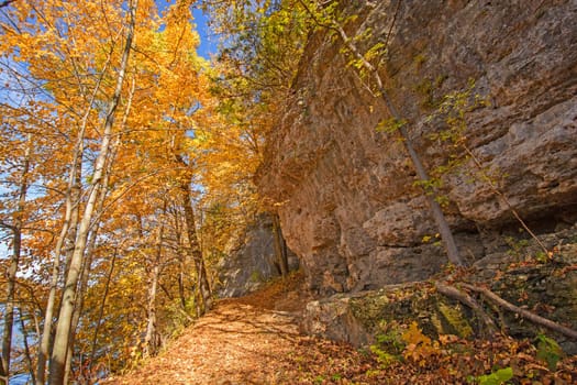Hiking a Cliff Trail in the Fall in Backbone State Park in Iowa