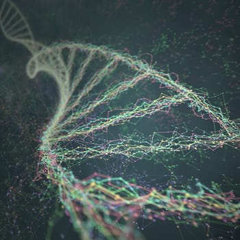 3D illustration. Dna helix connected by nodes and connections colored.