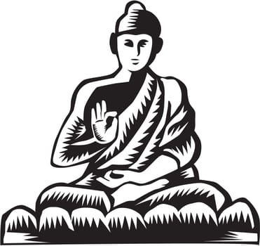 Illustration of a Gautama Buddha, Siddhārtha Gautama, Shakyamuni Buddha in lotus position viewed from front set on isolated white background done in retro woodcut style.
