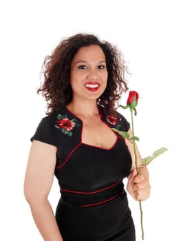 A pretty woman in a black dress holding a single red rose, isolated.for white background..
