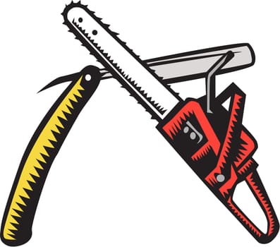 Illustration of a chainsaw crossed with a straight razor set on isolated white background done in retro woodcut style.
