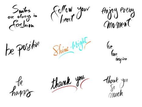 Photo collage with motivational messages isolated on white. Authentic hand writing isolated over white background as graphic resource.