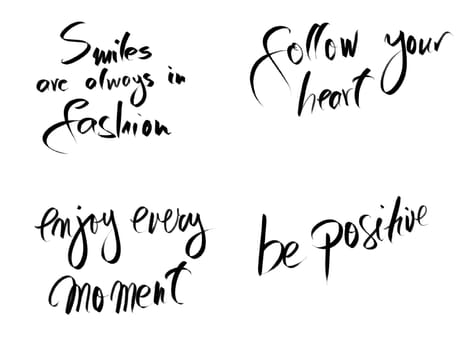 Photo collage with motivational messages isolated on white. Authentic hand writing isolated over white background as graphic resource.