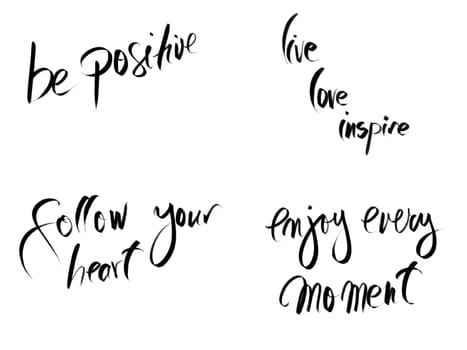 Photo collage with motivational messages isolated on white. Authentic hand writing isolated over white background as graphic resource.