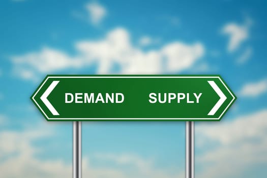 demand and supply on green road sign with blurred blue sky