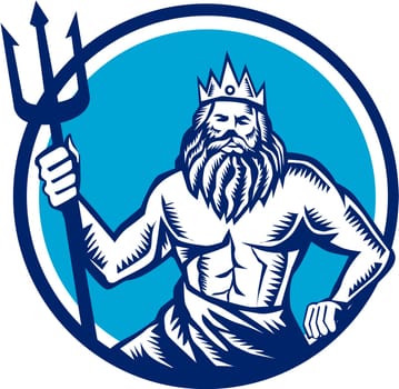 Illustration of a poseidon god of the sea holding trident viewed from front set inside circle on isolated background done in retro woodcut style.