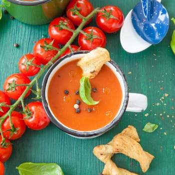 Fresh tomato soup with basil in rustic cup