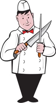 Illustration of a butcher cutter worker standing sharpening knife viewed from front set on isolated white background done in cartoon style.