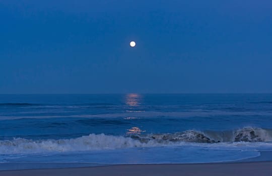 Moon Reflections in the Twilight on the Shore of Cape Hatteras in North Carolina