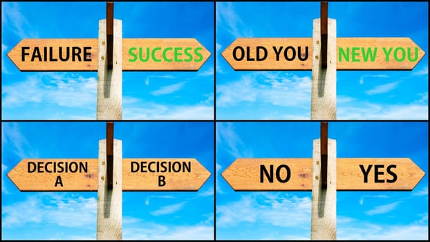 Photo collage of images with wooden signpost, two opposite arrows over clear blue sky, motivational concept. Failure versus Success, Old You, New You, Decision A, Decision B, No versus Yes