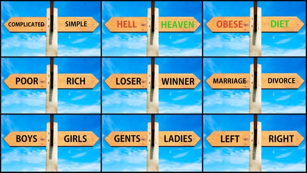 Photo collage of images with opposite arrows. Complicated Simple, Hell Heaven, Obese Diet, Poor Rich, Loser Winner, Mariagge Divorce, Boys Girls, Gents Ladies, Left Right