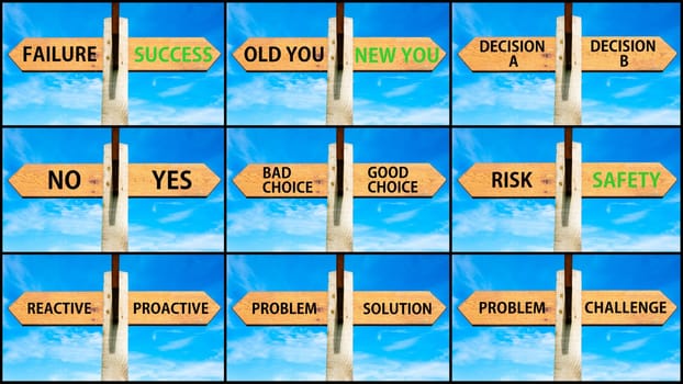 Photo collage of images with opposite arrows. Failure Success, Old You New You, Decision A B, No Yes, Bad Choice, Good Choice, Risk Safety, Reactive Proactive, Problem Solution, Problem Challenge