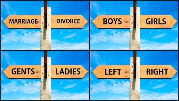 Photo collage of images with wooden signpost, two opposite arrows over clear blue sky, motivational concept. Mariagge versus Divorce, Boys Girls, Gents Ladies, Left Right