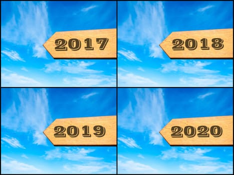 Photo collage of images with arrow over blue sky, happy new year concept