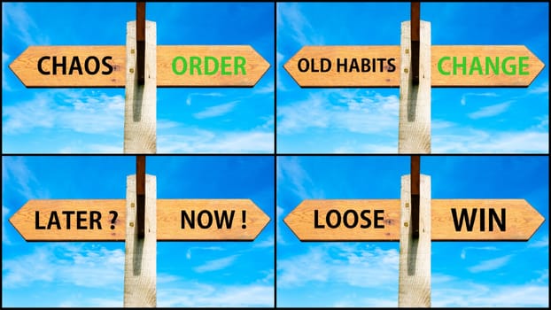 Photo collage of images with wooden signpost, two opposite arrows over clear blue sky, motivational concept. Chaos Order, Old Habits Change, Later Now, Loose Win