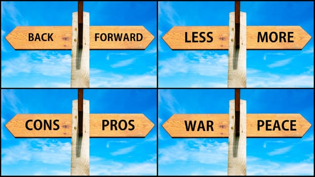 Photo collage of images with wooden signpost, two opposite arrows over clear blue sky, motivational concept. Back Forward, Less More, Pros Cons, War Peace