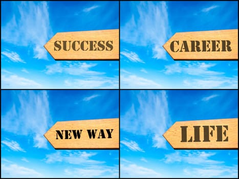 Photo collage of images with arrow over blue sky, motivational concept. Success, Career, New Way, Life