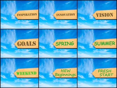 Photo collage of images with arrow over blue sky, motivational concept. Inspiration, Innovation, Vision, Goals, Spring, Summer, Weekend, New Beginnings, Fresh Start