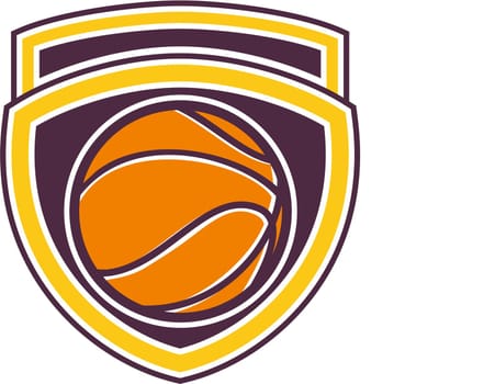 Illustration of a basketball ball set inside shield crest on isolated background done in retro style.