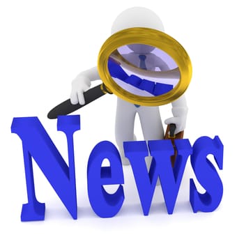 Businessman with a magnifying glass looking at the news, 3d rendering