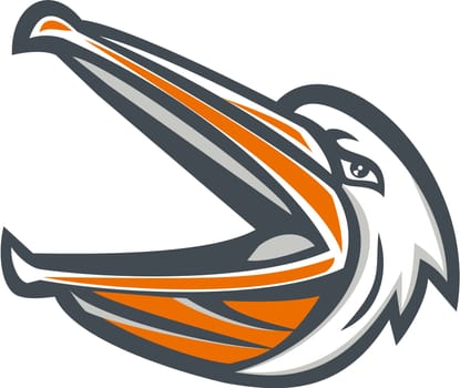 Illustration of a head of an angry pelican shouting viewed from the side set on isolated white background done in retro style.