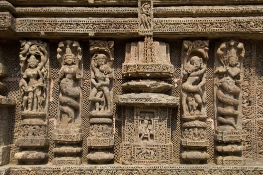Intricately sculpted wall panel at Sun Temple in Konark, Odisha (Orrissa), India, Asia