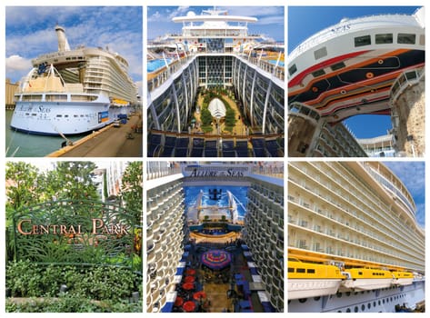 Barselona, Spaine - September, 6 2015: The collage from six images of the cruise ship Allure of the Seas, The Royal Caribbean International. Exterior and interior views of the ship