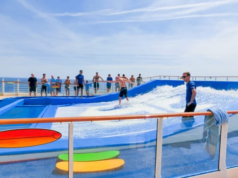 Barselona, Spaine - September 12, 2015: The cruise ship Allure of the Seas, The Royal Caribbean International. Exterior views of the ship - amusement artificial wave