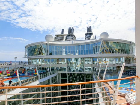 Barselona, Spaine - September 06, 2015: Royal Caribbean, Allure of the Seas sailing from Barselona on September 6 2015. The second largest passenger ship constructed behind sister ship Oasis of the Seas. The view of the upper deck