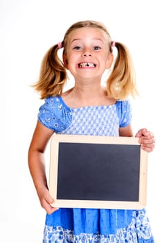 funny girl with space width showing a little blackboard