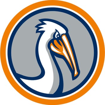 Illustration of a pelican head looking down viewed from the side set inside circle on isolated background done in retro style.