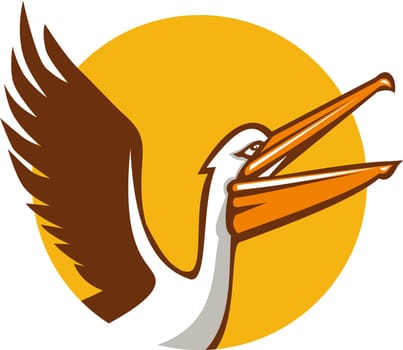 Illustration of a pelican flying up showing its wings viewed from the side set inside circle on isolated background done in retro style.