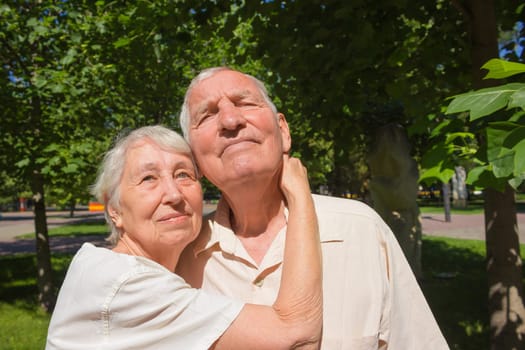 The happy old couple in the summer on a walk in park