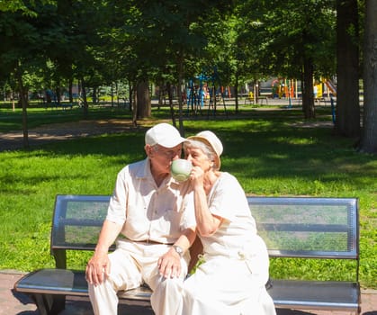 The happy old couple drinking tea in the summer on a walk in park