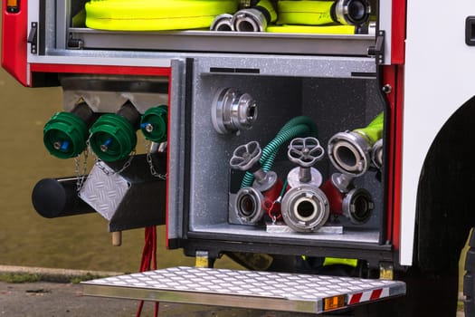 Components of a fire brigade equipment in a firefighting group vehicle of the German fire brigade..