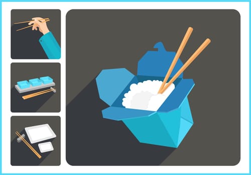 Asian food flat vector modern icons set. Collection of various oriental culinary pictograms