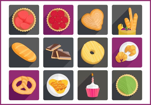 Pastry flat vector modern icons set. Collection of various colorful pictograms.