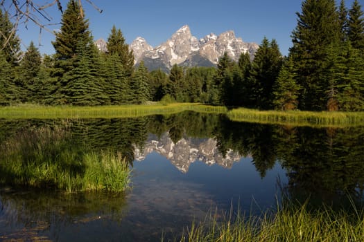 The water is perfectly smooth showing high peak reflections in the Teton's