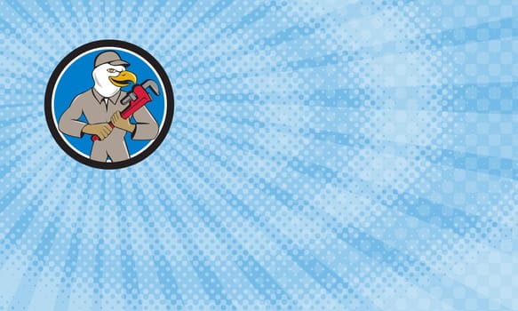 Business card  showing Illustration of an american bald eagle plumber holding monkey wrench looking to the side set inside circle done in cartoon style.