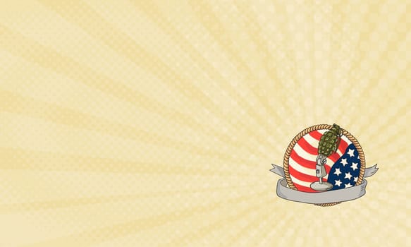 Business card  showing Illustration of a world war two grenade mounted on a vintage microphone stand with USA stars and stripes flag in the background with ribbon scroll banner in front set inside rope circle done in retro style.