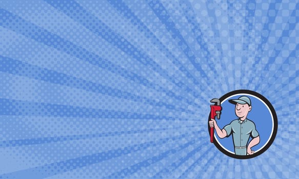 Business card  showing Illustration of a repairman handyman worker wearing hat carrying holding monkey wrench looking to the side viewed from front set inside circle done in cartoon style.