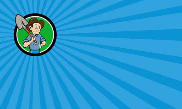 Business card showing illustration of an organic farmer holding shovel on shoulder looking to the side viewed from front set inside circle done in cartoon style.