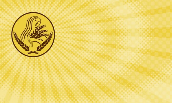 Business card  showing Illustration showing Demeter, Greek goddess of the harvest and agriculture, who presided over grains and fertility holding wheat grain viewed from front set inside oval shape on isolated background done in retro style.
