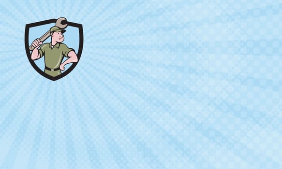 Business card  showing Illustration of a mechanic wielding holding spanner wrench looking to the side with one hand on hips viewed from front set inside shield crest on isolated background done in cartoon style.
