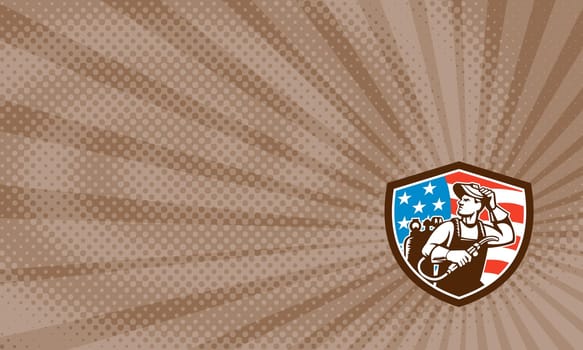 Business card  showing illustration of a welder rod-holder with cable and electrode for electric arc welding and welder visor mask looking to the side with usa american stars and stripes flag in the background set inside shield crest done in retro style.