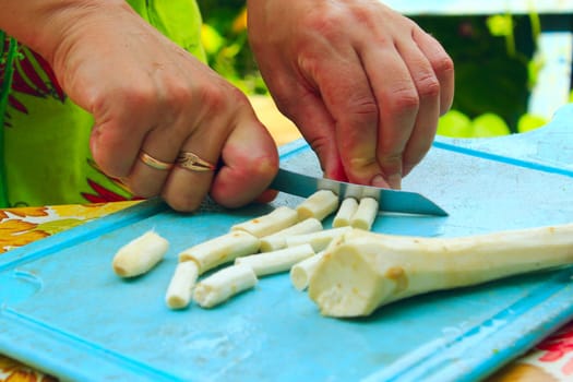 woman slices roots of horseradish for preservation