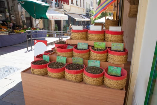 Granada, Spain - August 5, 2016: spices, seeds and tea sold in a traditional street market